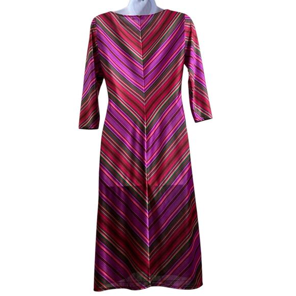 Vintage Helen Wang Women's Purple Red Stripe Midi V Neck Dress Size M Mod Groovy - Picture 2 of 12